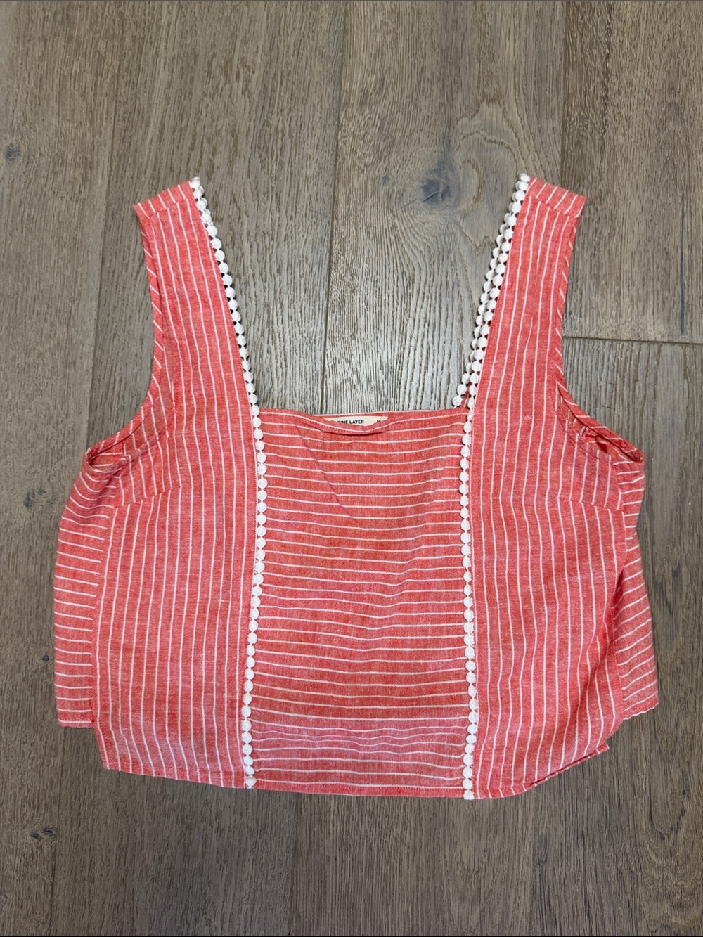 Marine Layer Coral and White Striped Crop Top with Pom Trim